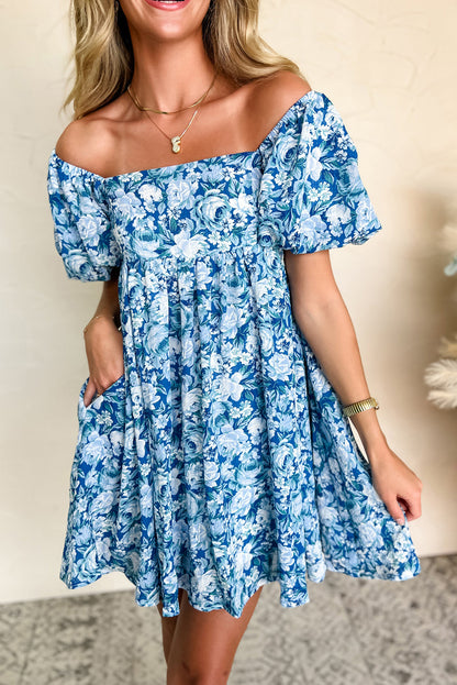 Floral Puff Sleeve Babydoll Mini Dress | Blue