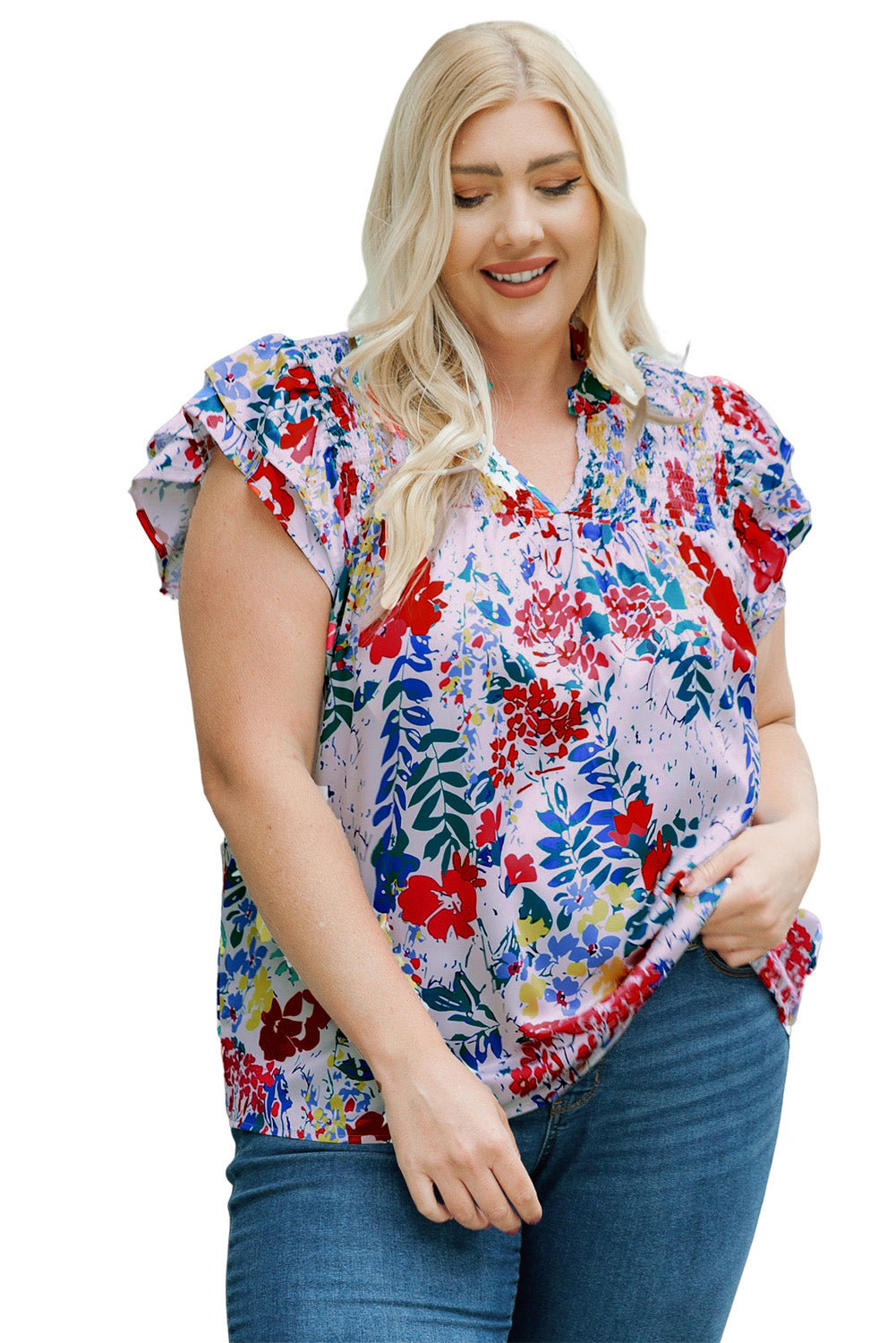 Fiery  Plus Floral Print Ruffle Cap Sleeve V Neck Blouse | Red