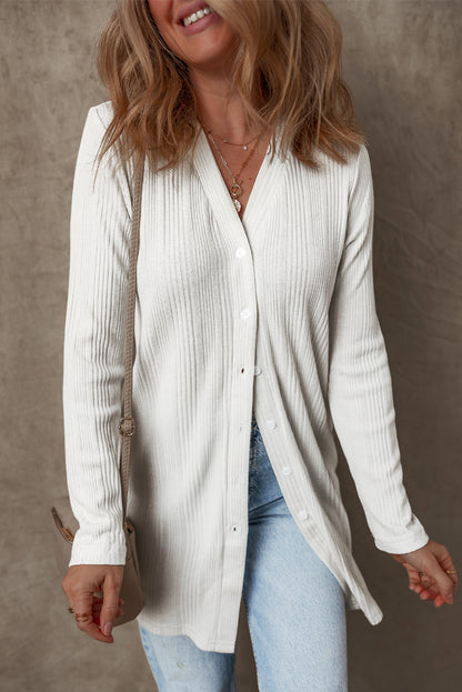 Solid Colour Ribbed Button Up Tunic Cardigan | White