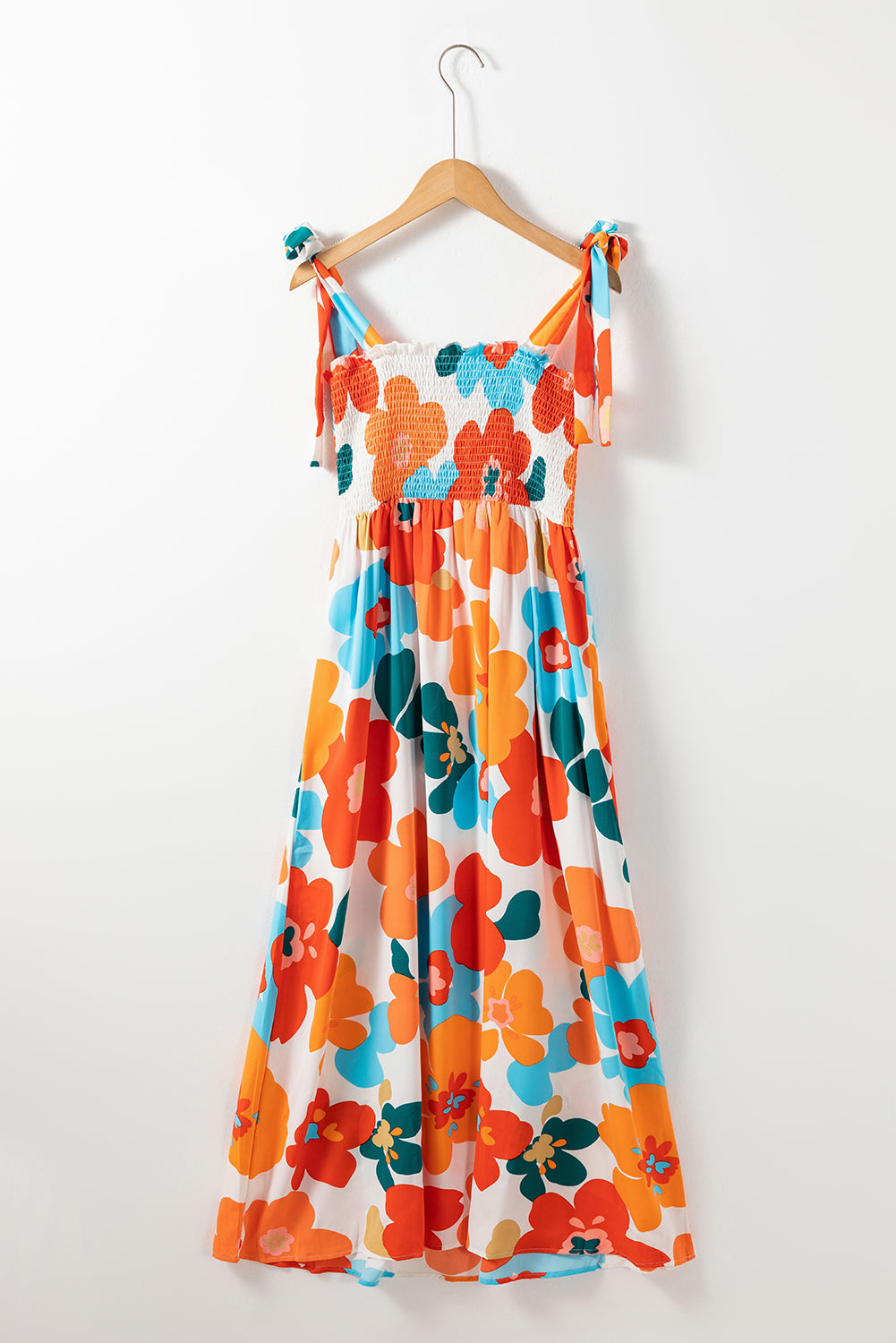 Floral Self Tied Straps Smocked Bust Maxi Dress | Orange