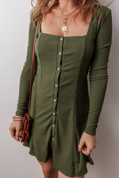 Rib Knit Square Neck Buttoned Long Sleeve Mini Dress | Guacamole Green