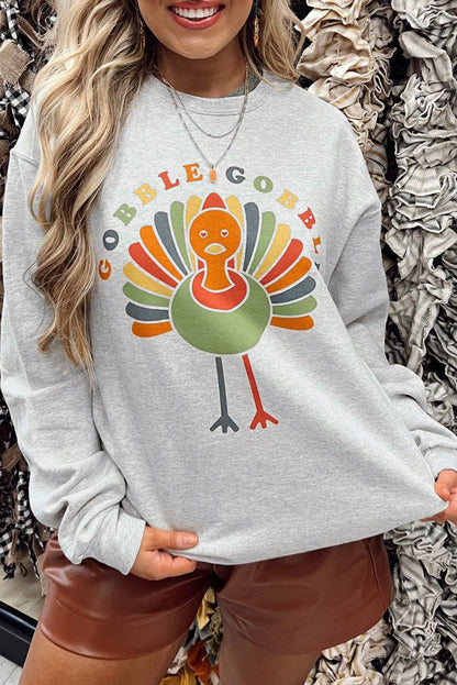 Gray GOBBLE GOBBLE Turkey Print Pullover Sweatshirt