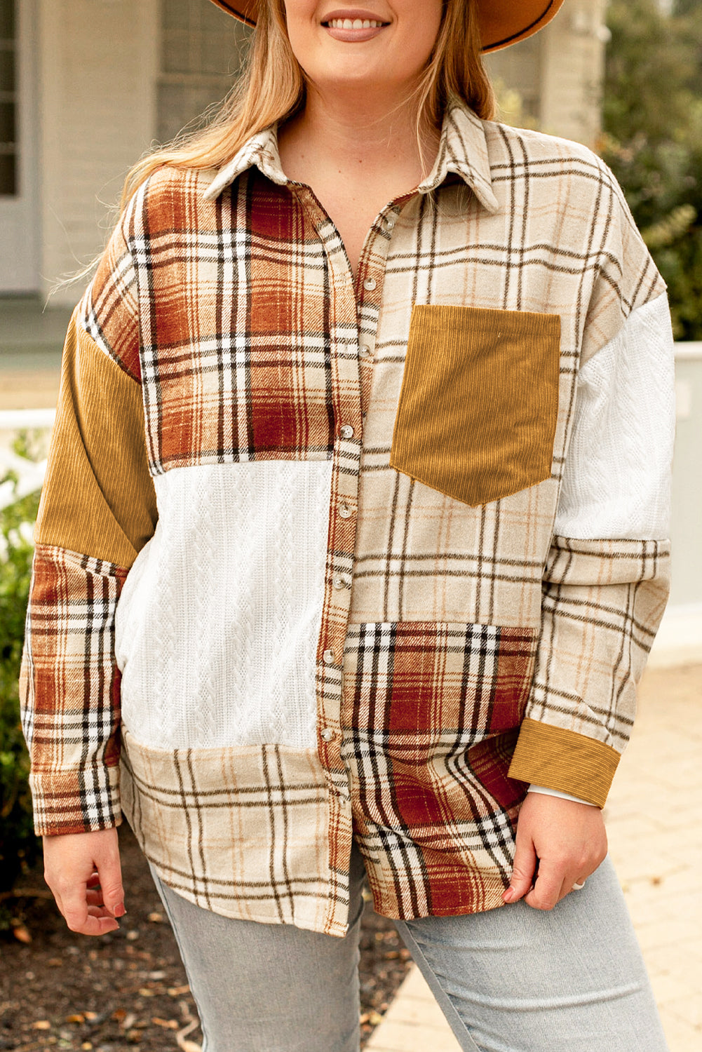 Golden Apricot Plus Size Plaid Patchwork Button Up Shacket | Gold Brick