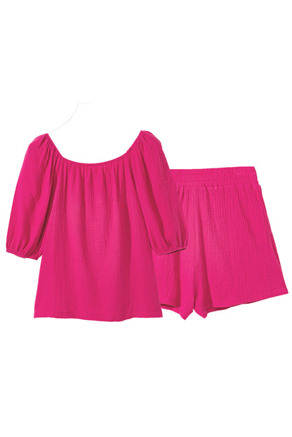 Crinkled Textured Square Neck Puff Sleeve And Shorts Set | Bright Pink