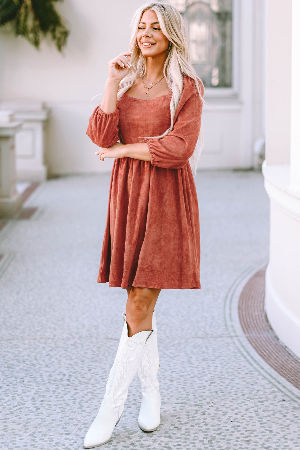 Suede Square Neck Puff Sleeve Dress | Brown