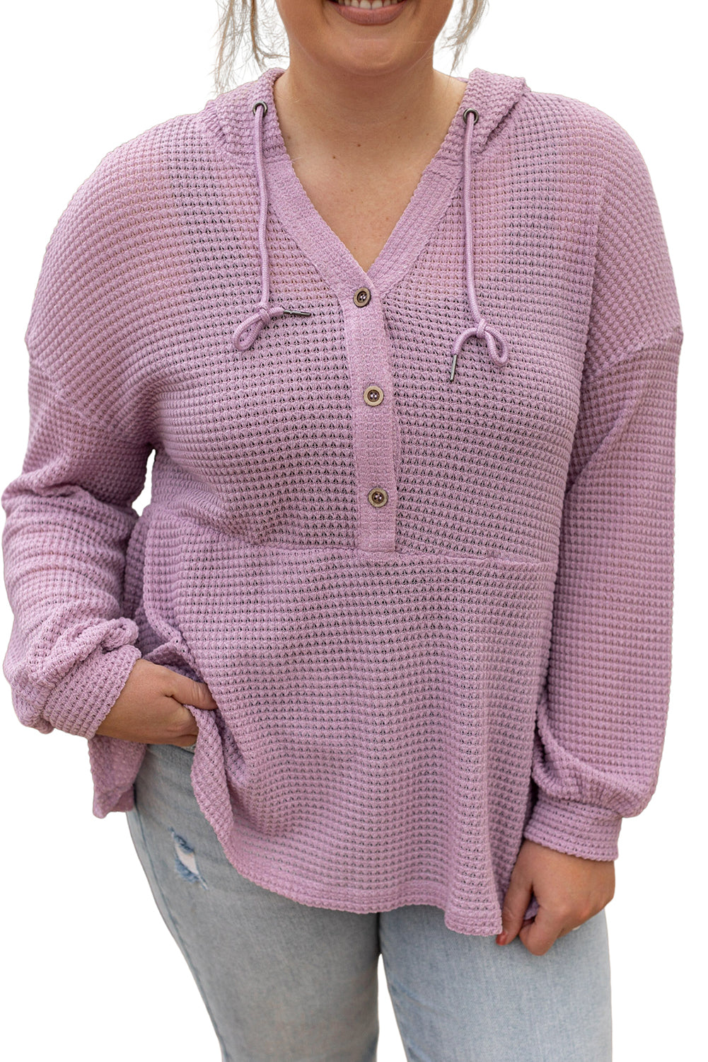 Plus Size Hooded Waffle Knit Top | Pink