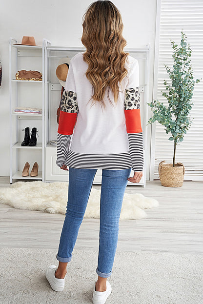 Stripes Leopard Splicing Colourblock Long Sleeve Top | Orange