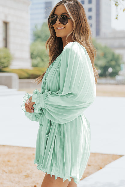 Pleated Ruffled Tie Waist Buttons V Neck Romper | Green