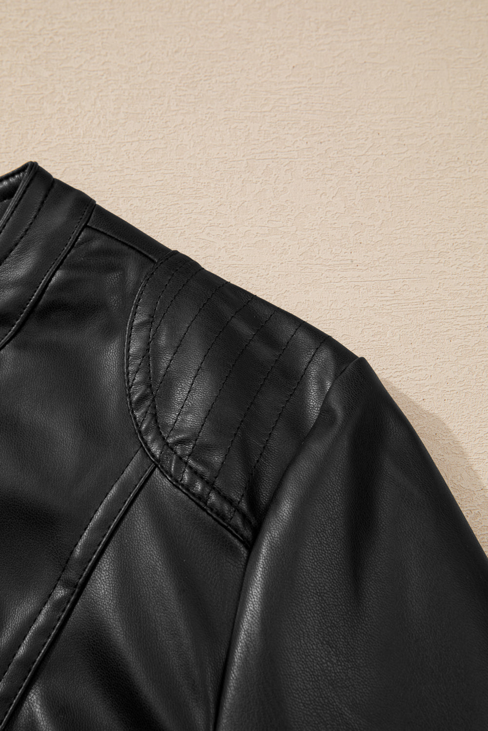 Solid Faux Leather Zipper Slim Fit Bomber Jacket | Black