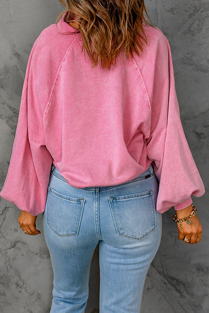 Washed Snap Buttons Lantern Sleeve Pullover Sweatshirt | Pink