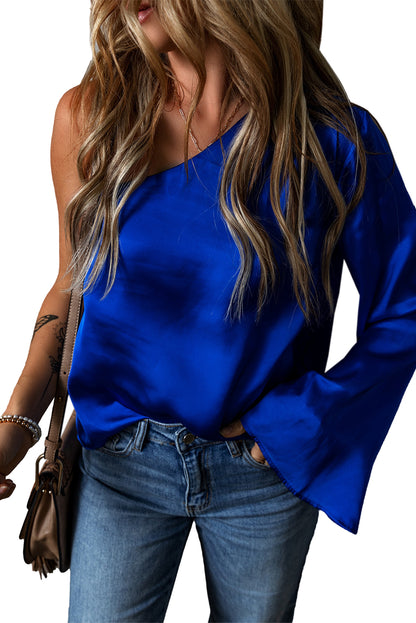 Asymmetric One Shoulder Bell Sleeve Satin Blouse | Dark Blue