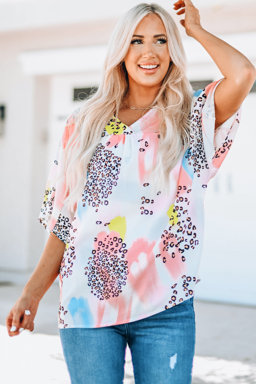 Animal Watercolour Mixed Print Loose Top | White