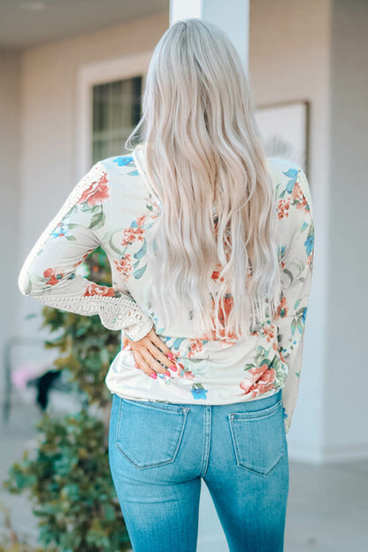 Floral Print Lace Contrast Long Sleeve Hoodie | Apricot