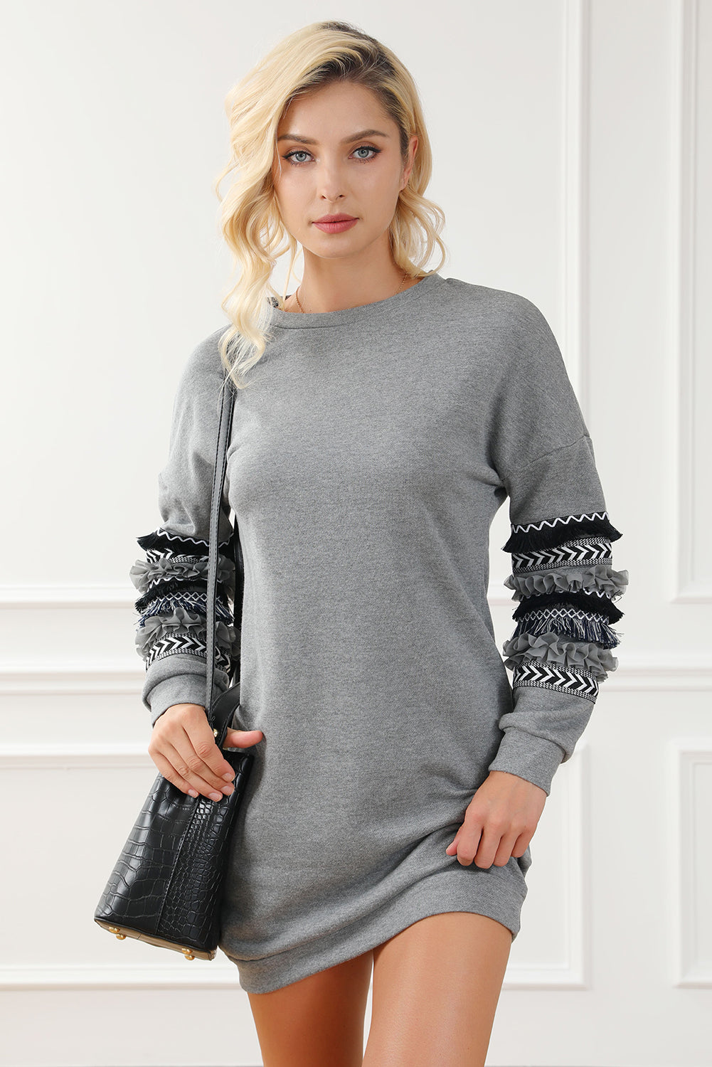 Printed Fringed Ruffled Accent Sweatshirt Dress | Dark Grey