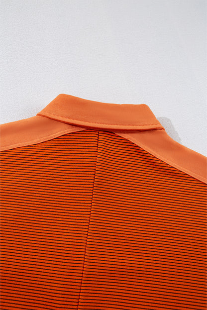 Exposed Seam Henley Turn-Down Neck Puff Sleeve Sweatshirt | Orange Stripe