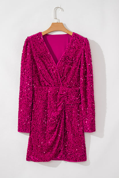 Velvet Sequin Long Sleeve V Neck Wrapped Mini Dress | Pitaya Pink