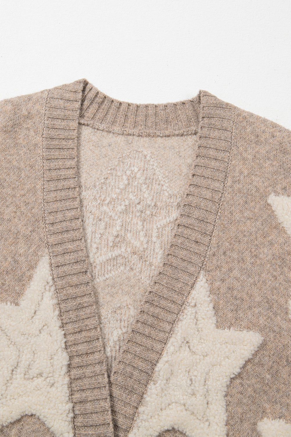 Sherpa Star Pattern Textured Sweater Cardigan With Pockets | Khaki