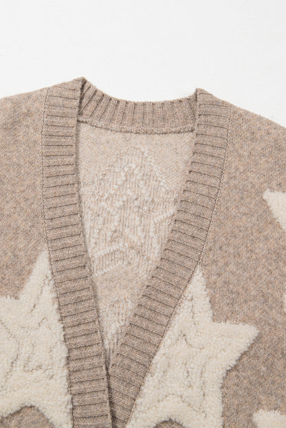 Sherpa Star Pattern Textured Sweater Cardigan With Pockets | Khaki