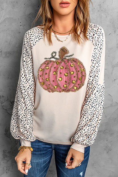 Thanksgiving Pumpkin Graphic Leopard Raglan Sleeve Top | Khaki