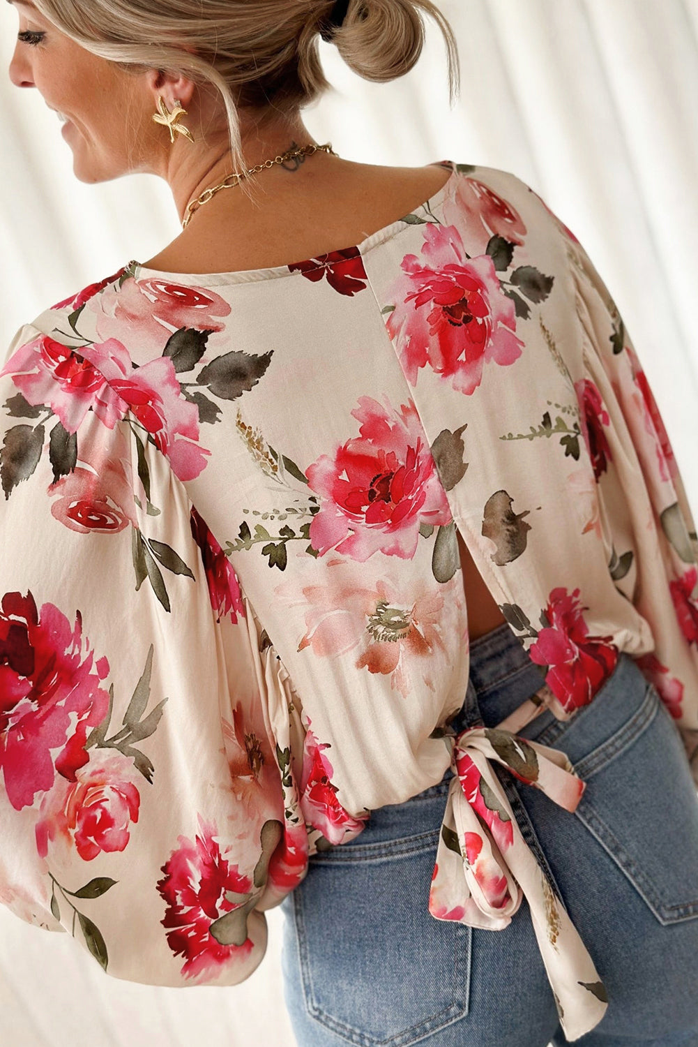 Floral 3/4 Sleeve Lace-Up Back Blouse | Rose