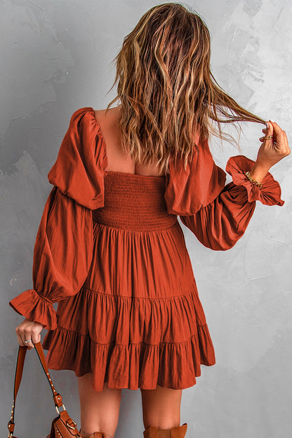 Boho Solid Shirred Ruffle Mini Dress | Brown