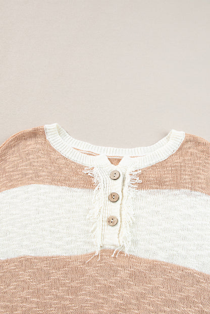 Oversized Colourblock Frayed High Low Henley Sweater | Khaki