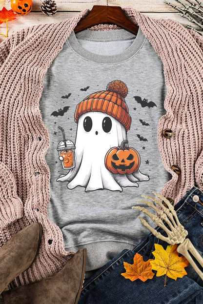 Halloween Ghost Print Crewneck Drop Shoulder Sweatshirt | Gray