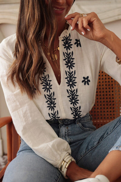 Floral Embroidered Frilled V Neck Puff Sleeve Blouse | White