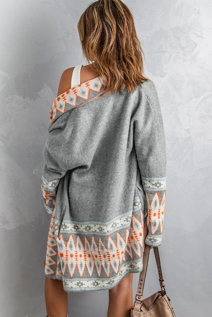 Aztec Print Open Front Knitted Cardigan | Gray