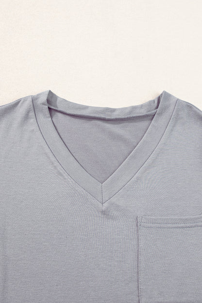 V Neck Pocketed Rounded Hem Tee | Medium Grey