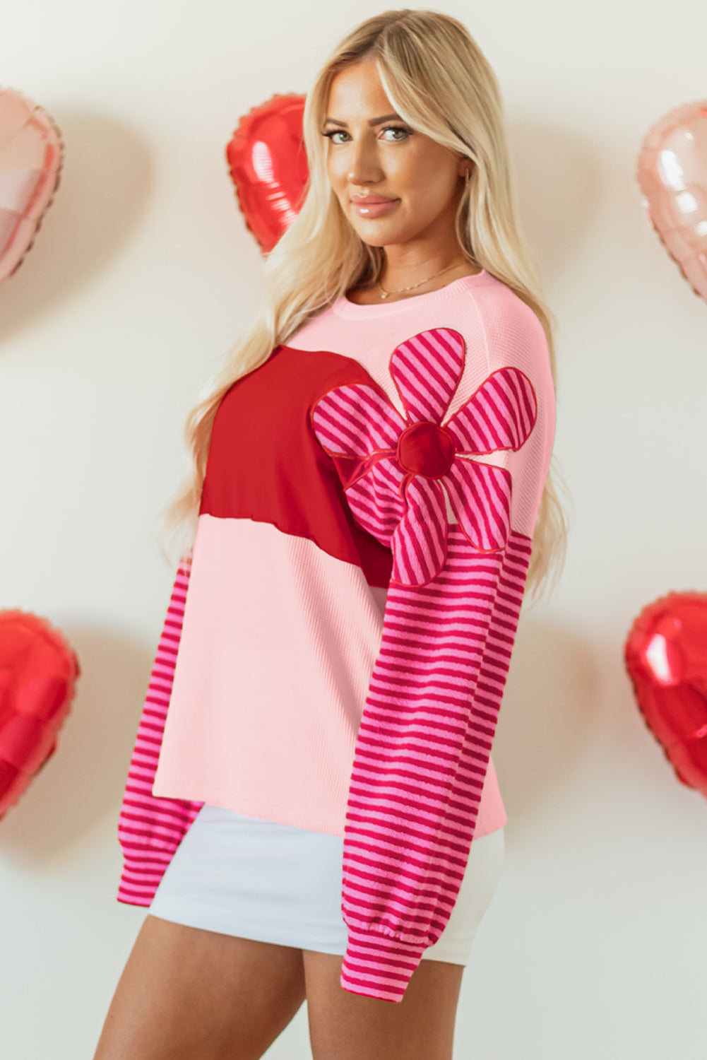 Floral Patch Colour Block Striped Sleeve Textured Top | Pink