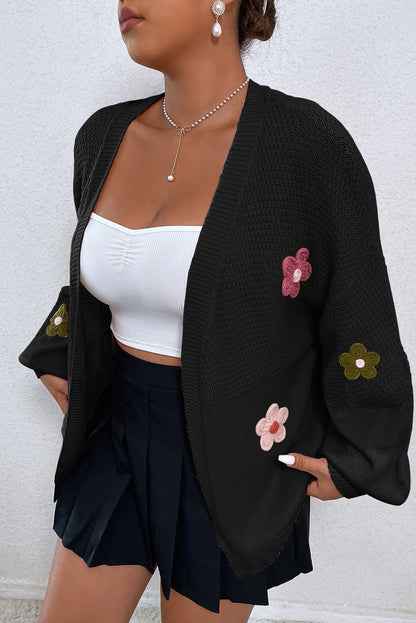 Floral Applique Drop Shoulder Bubble Sleeve Cardigan | Black