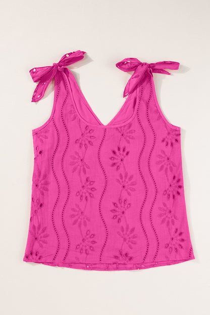 Embroidery Patterned Knotted Straps V Neck Tank Top | Rose Red