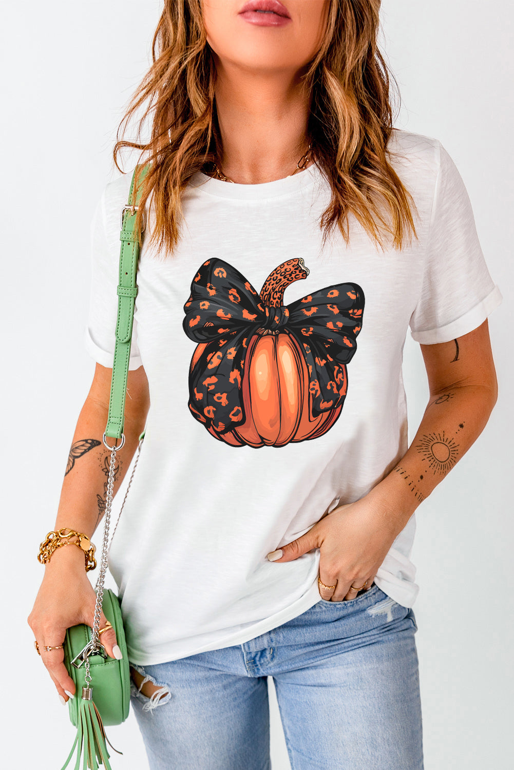 Halloween Bowknot Pumpkin Graphic Crewneck T Shirt | White