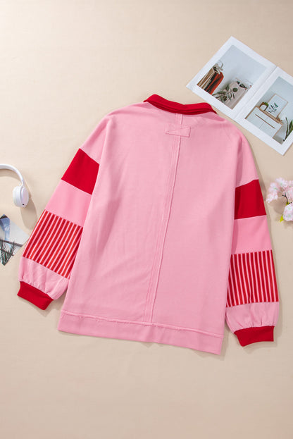 Striped Patchwork Side Split Collared Plus Size Sweatshirt | Rose