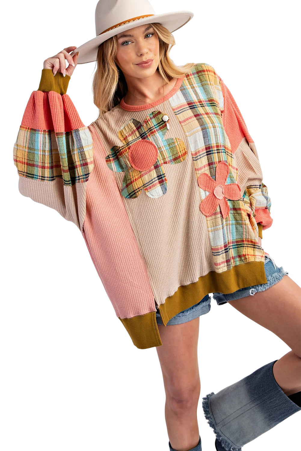 Waffle Knit Plaid Patchwork Side Slits Loose Sweatshirt | Multicolour