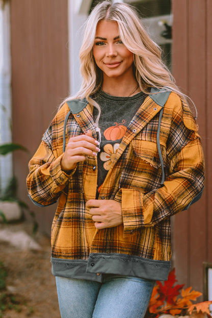 Plaid Patch Hooded Frayed Snap Button Jacket | Orange