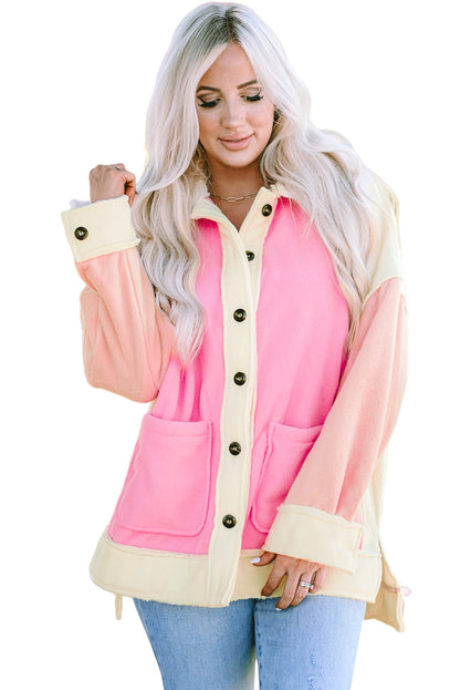 Colour Block Patchwork High Low Fleece Shacket | Rose