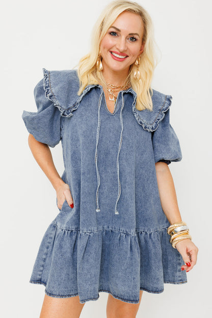 Ruffled Collared Side Pockets Puff Sleeve Denim Mini Dress | Dusk Blue