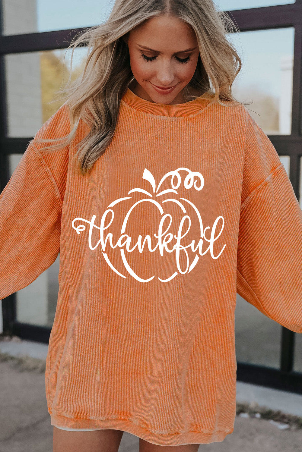 Pumpkin Thankful Graphic Corded Thanksgiving Sweatshirt | Orange