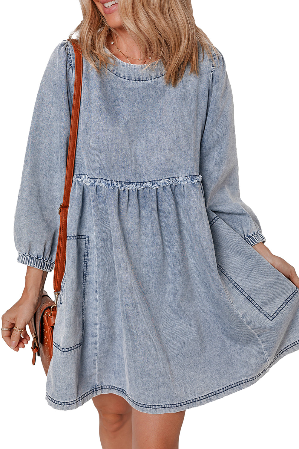 Light Wash High Waist Loose Fit Denim Mini Dress | Beau Blue