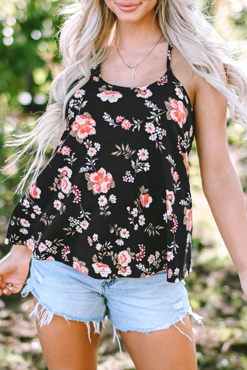 Floral Spaghetti Straps Strappy Back Tank Top | Black