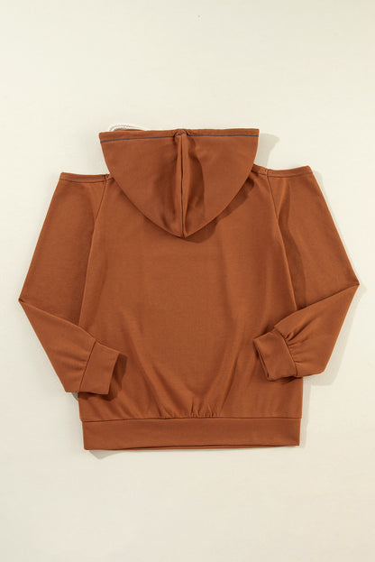 Exposed Seam Cold Shoulder Drawstring Hoodie | Cinnamon