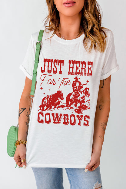 Just Here For The Cowboy Cuffed Sleeve Crew Neck T Shirt | White