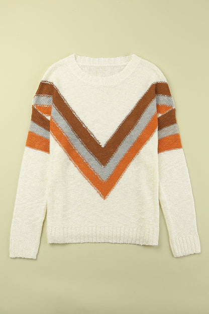 Chevron Striped Drop Shoulder Sweater | Beige