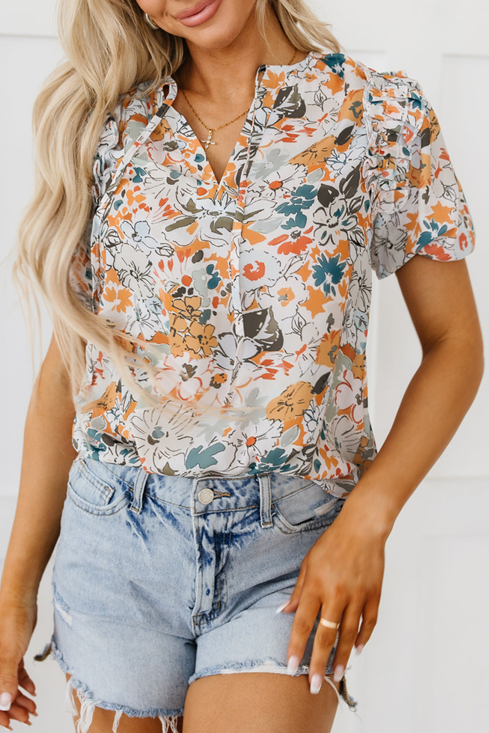 Split V Neck Puff Sleeve Flower Print Blouse | Multicolour