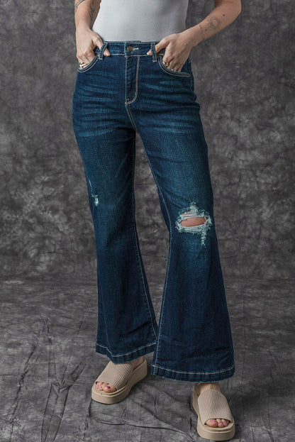 High Rise Ripped Bell Bottom Jeans | Real Teal