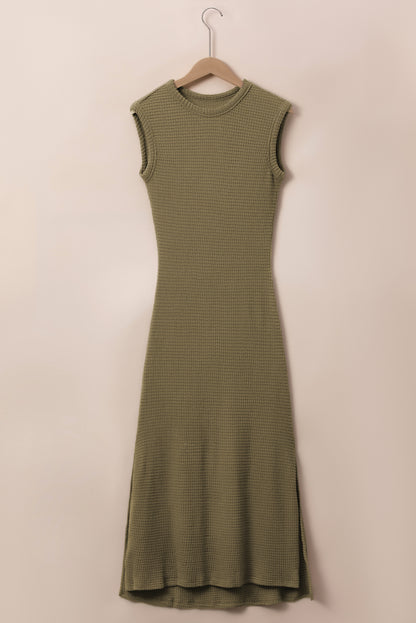 Waffle Knit Sleeveless Long Dress With Slits | Jungle Green