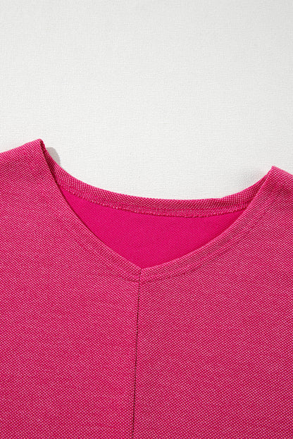 Textured Long Sleeve V Neck Top | Rose Red