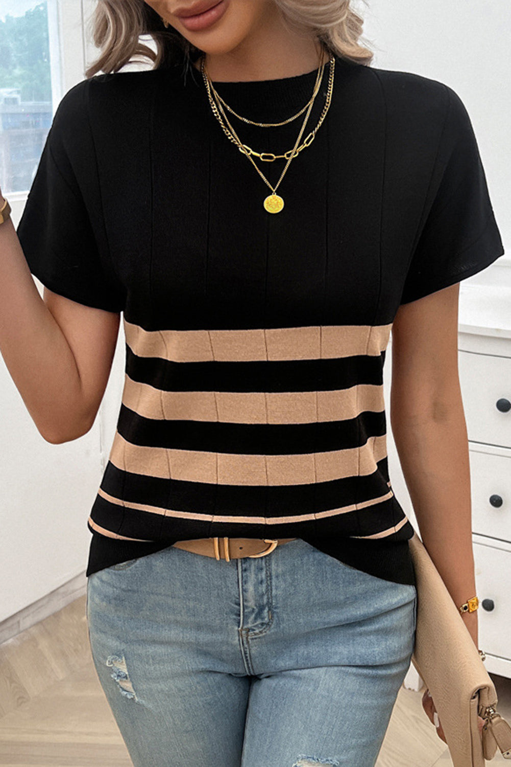 Striped Crew Neck Sweater T-Shirt | Black